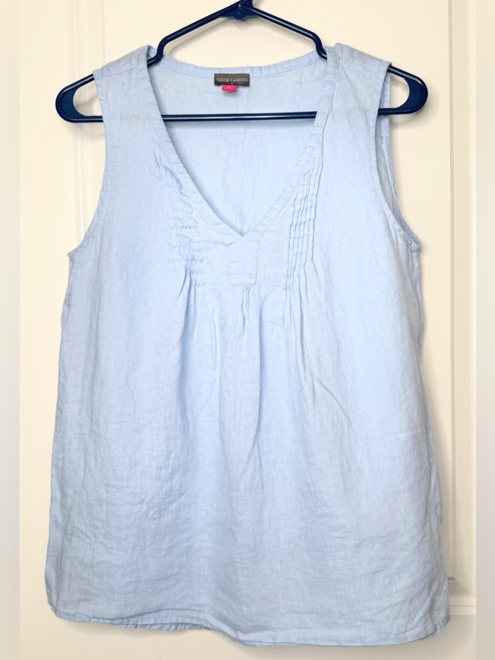 Vince Camuto Womens M 100% Linen Blue Sleeveless V Neck Tunic Blouse Top